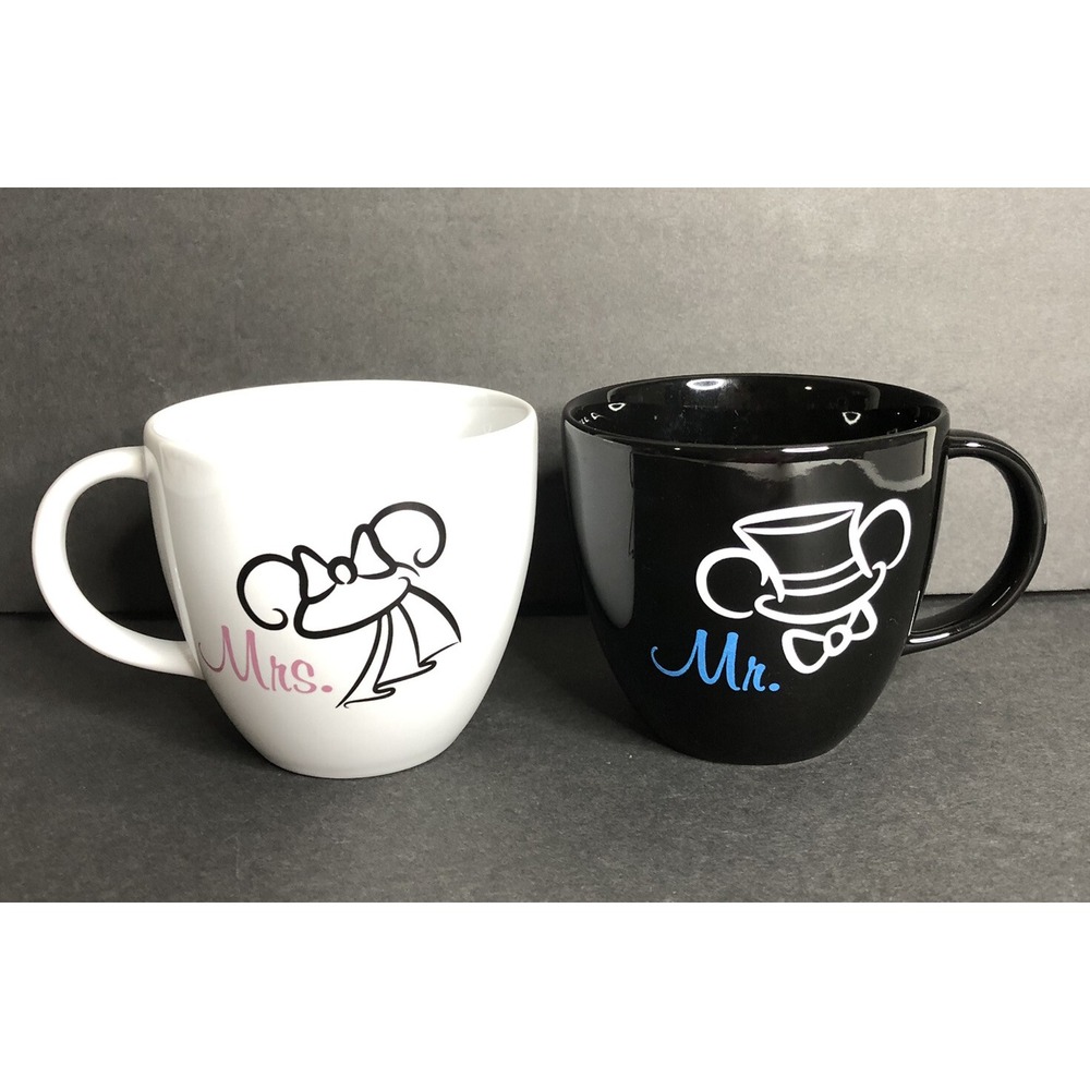 Tokyo Disney Mrs and Mr Mug Set Wedding Mickey Minnie Mouse White Black Ears Hat - Picture 1 of 6